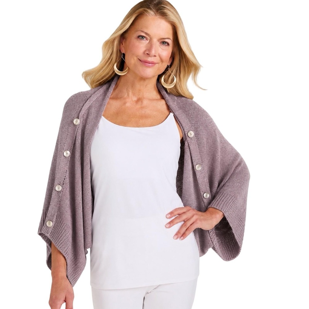 Soft Surroundings Sweater Cardigan Wrap Womens L/XL Purple Button Open Knit